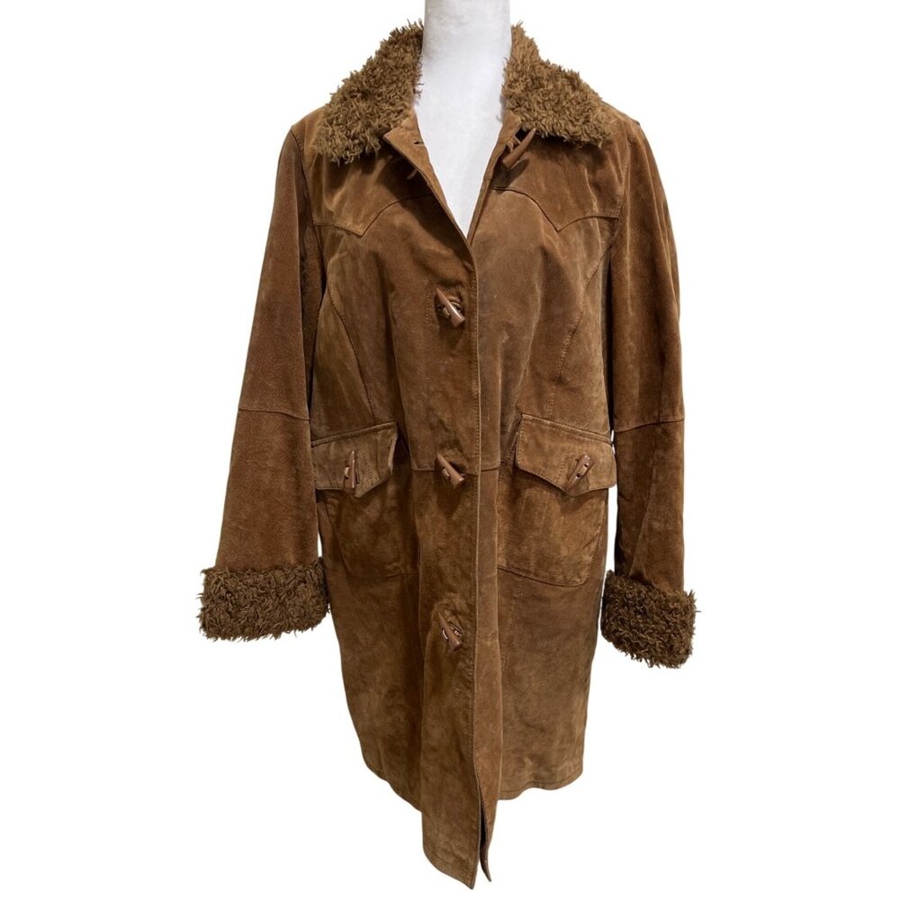 Vintage Suburbia Leather Suede Shearling Trim Coat Womens Xl Brown Toggle Button